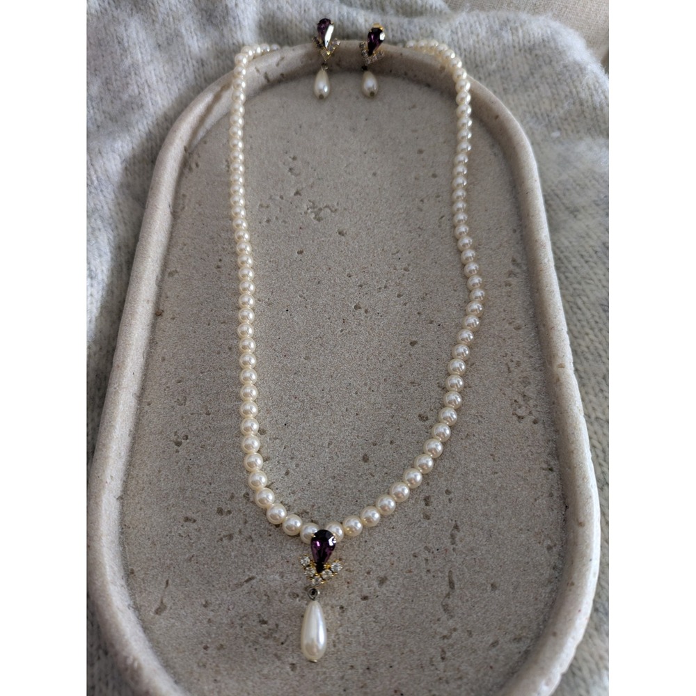 Faux Pearl Necklace & Earring Set Romantic Purple Rhinestone Drop Accent Collar